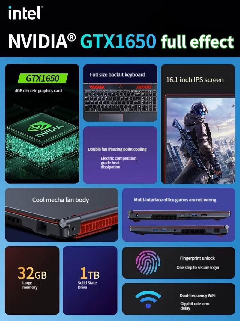 2025 New Gaming Laptop Computer Intel Core I9-10885H I7 10870H GTX1650 4G 16.1 Inch IPS Screen RAM Max 64GB 2*DDR4 2*M.2 Nvme