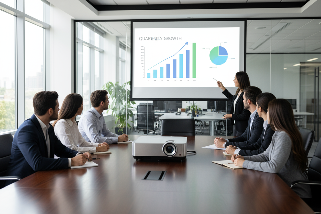 A multimedia projector used in an office with people sitting around a desk 