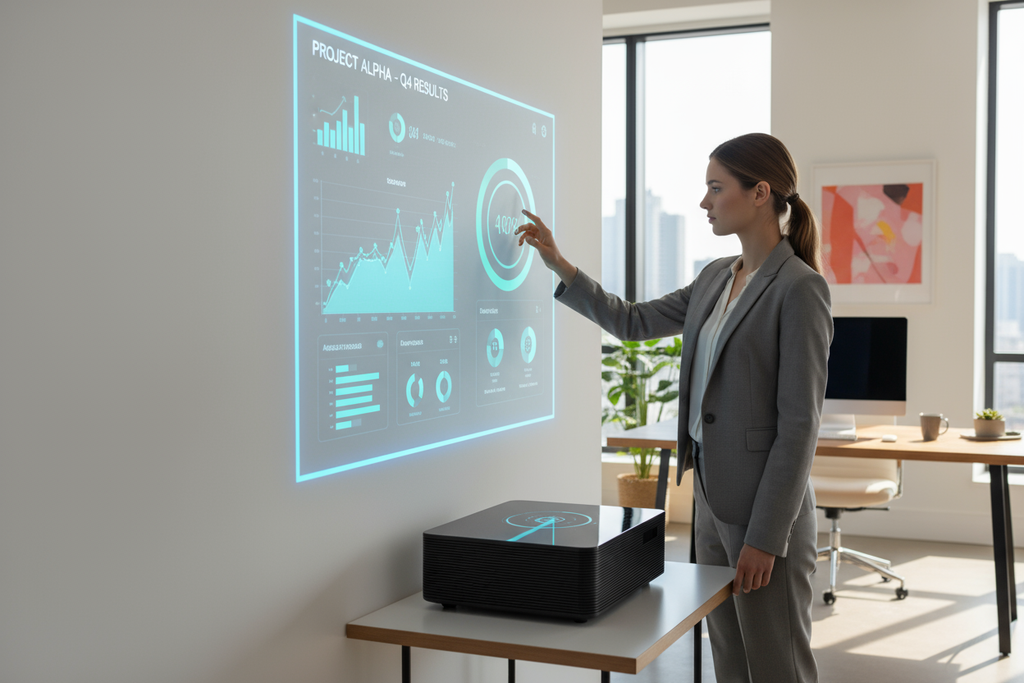 An android projector that has a touch screen device used by a woman in the office