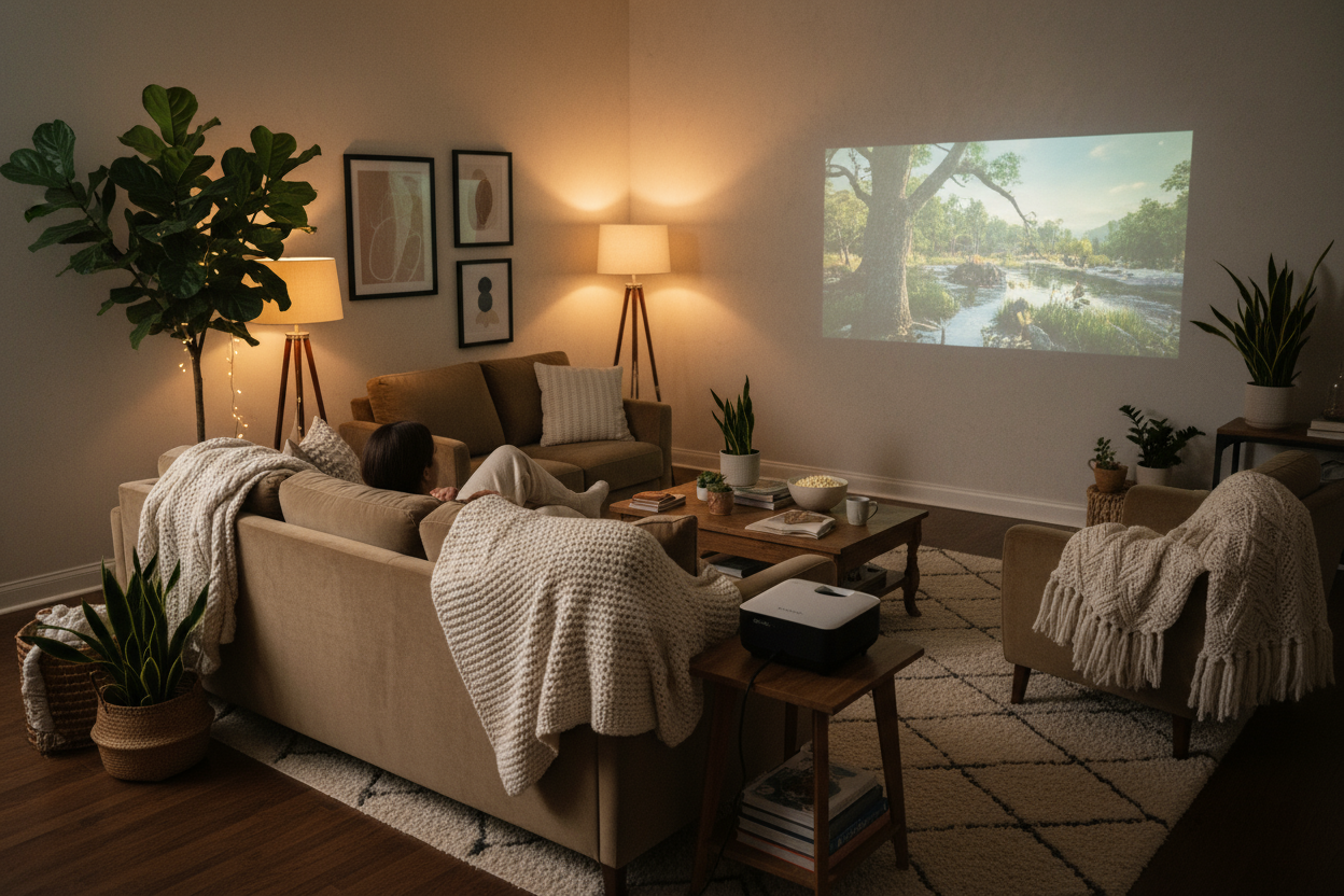 Someone using the projector in a cozy room 